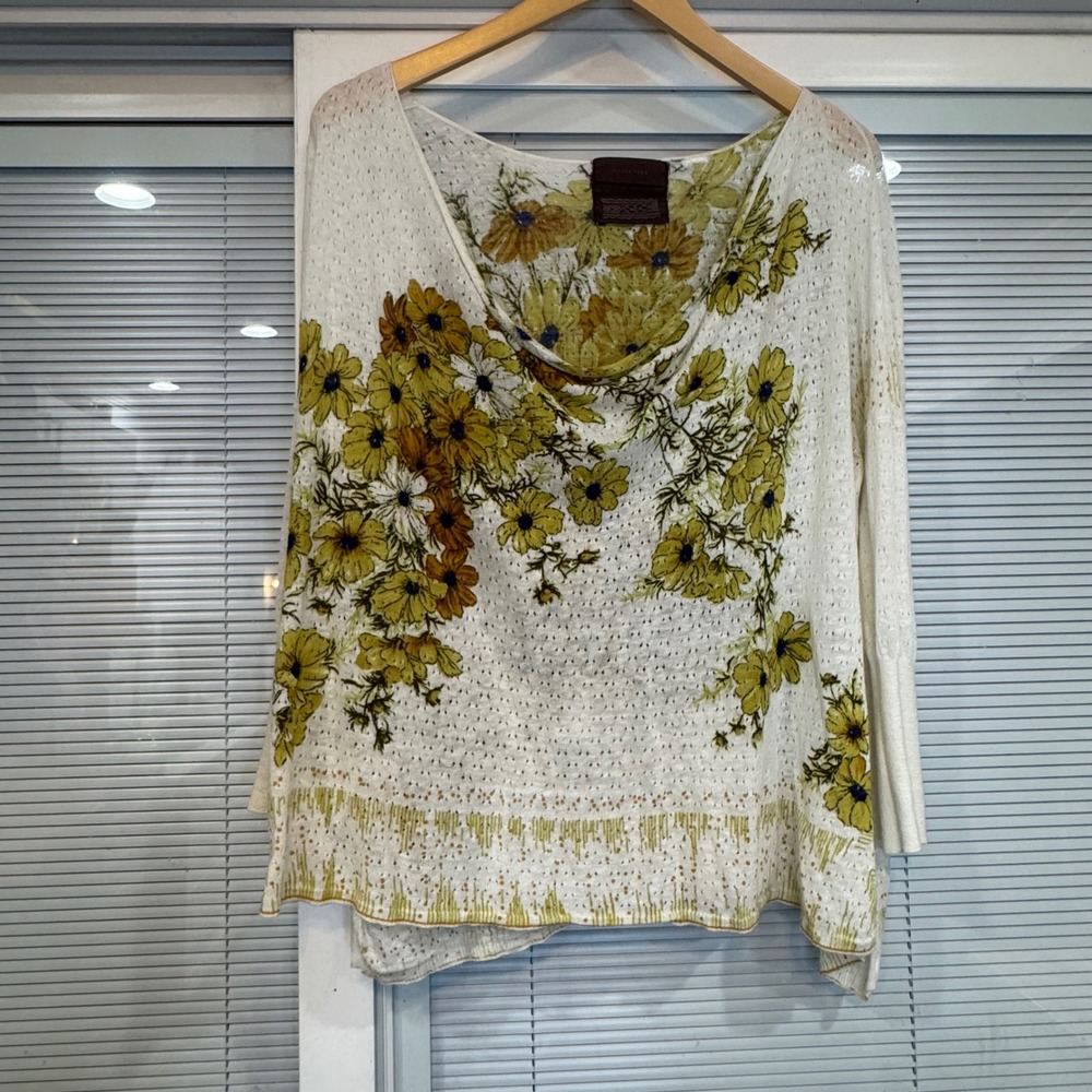 Guinevere Anthropologie Floral Pointelle Knit Linen Blend Sweater Top Yellow M